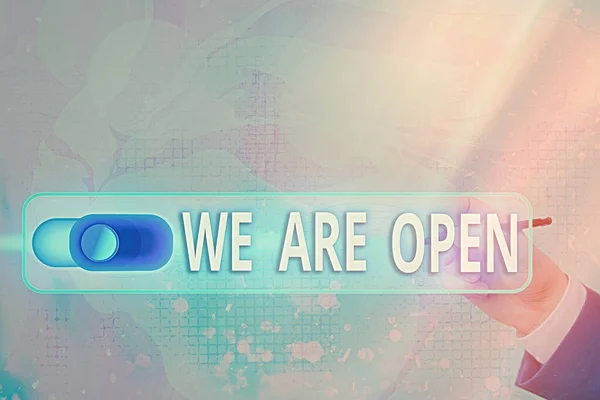 Text sign showing We Are Open. Conceptual photo no enclosing or confining barrier, accessible on all sides Graphics padlock for web data information security application system.