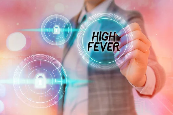 Text sign showing High Fever. Conceptual photo medical condition which the body temperature higher than usual Graphics padlock for web data information security application system.