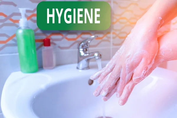 Word writing text Hygiene. Business concept for study of science of the establishment and maintenance of health Handwashing procedures for decontamination and minimizing bacterial growth.