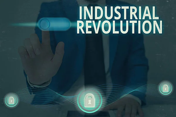 Escritura a mano de texto escribiendo Revolución Industrial. Concepto que significa cambios en la fabricación y el transporte de mercancías . — Foto de Stock