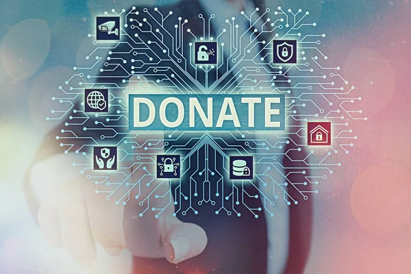 Piszę notatkę z "Donate". Business photo showcasing prezent na cele charytatywne dla dobra sprawy może zaspokoić potrzeby medyczne. — Zdjęcie stockowe