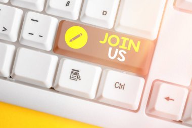 Kavramsal el yazısı bize katılın diyor. İş fotoğrafı metni Takım, birlik ve işbirliği için herhangi bir iş toplantısı.