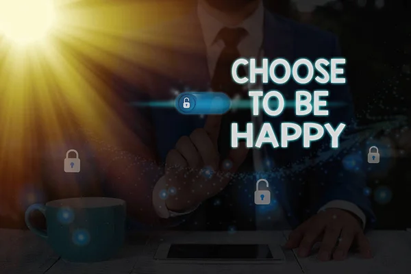 Escrita de mão conceitual mostrando Escolher Ser Feliz. Luz de texto de foto de negócios após o escuro Positivo apesar da adversidade . — Fotografia de Stock