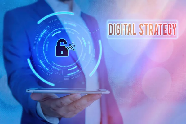 Handwriting text Digital Strategy. Concept meaning focuses on using technology to improve business performance Graphics padlock for web data information security application system. — Stock Photo, Image