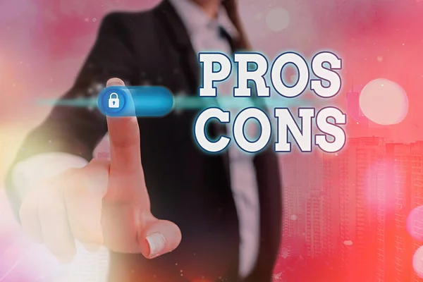 Conceptual hand writing showing Pros Cons. Business photo showcasing advantages and disadvantages observed while examining a product. — Stock Photo, Image