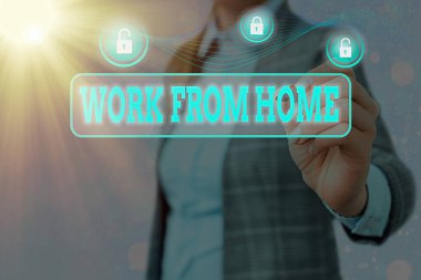 Evden Çalışmalar 'ı gösteren kavramsal el yazısı. Şirketle iletişim kuran iş fotoğraflarının sergilenmesi temel olarak evden esnek bir şekilde web veri güvenlik uygulama sistemi için grafiksel asma kilit.