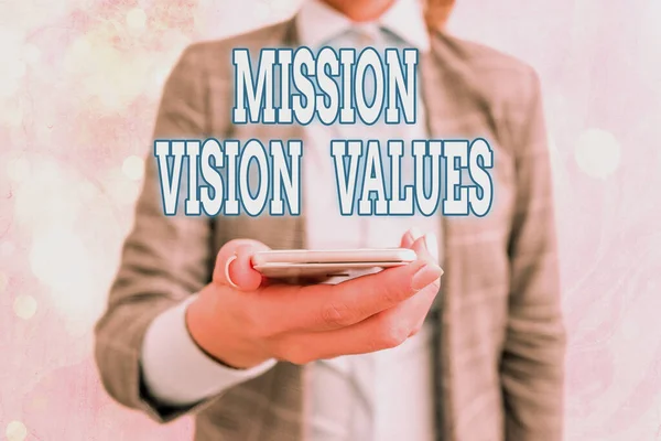 Konzeptionelle Handschrift, die die Werte der Mission Vision zeigt. Geschäftliches Foto, das das Ziel und die Pflegeaussage des Unternehmensprofils zeigt. — Stockfoto