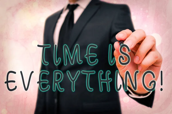 Texto de escrita de palavras Time Is Everything. O conceito de negócio para a significância do tempo influencia grandemente o resultado de um evento . — Fotografia de Stock