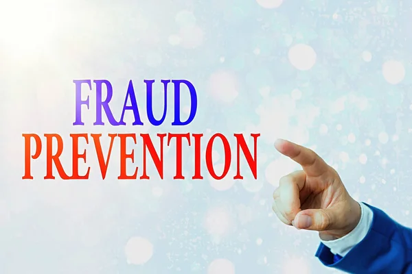 Writing note showing Fraud Prevention. Business photo showcasing to secure the enterprise and its processes against hoax.