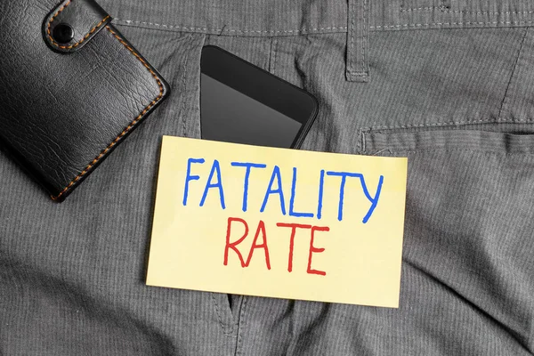 Word writing text Fatality Rate. Business concept for calculated number of deaths over a specific range of period Smartphone device inside trousers front pocket with wallet and note paper. — Stock Photo, Image