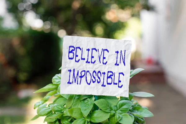 Scrittura concettuale a mano che mostra Credere nell'Impossibile. Foto d'affari testo motivazione e ispirazione che si può fare accadere Carta normale attaccato per attaccare e collocato nel terreno erboso. — Foto Stock