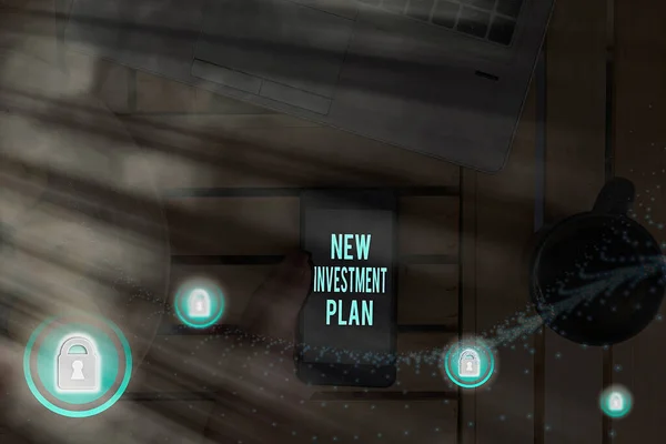 Texto manuscrito Nuevo Plan de Inversiones. Concepto que significa metas y objetivos financieros con sus recursos financieros . —  Fotos de Stock