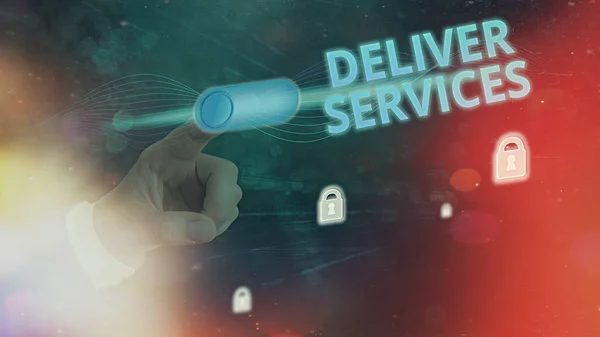 Handschriftlicher Text Deliver Services. Konzept bedeutet, jede Art von Hilfe oder Produkten in ein Gebiet zu senden. — Stockfoto