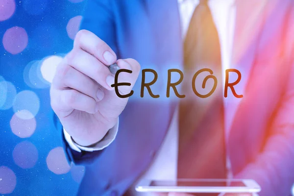 Texto de escritura de palabras Error. Concepto de negocio para el fracaso o en desviación del rendimiento o comportamiento previsto . — Foto de Stock