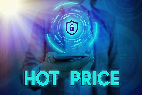 Signo de texto que muestra Hot Price. Foto conceptual la oferta más baja ofrecida a un comprador al comprar ciertos productos . — Foto de Stock