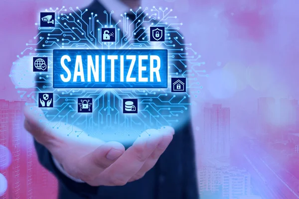 Conceptual hand writing showing Sanitizer. Business photo text liquid or gel generally used to decrease infectious agents System administrator control, gear configuration settings.