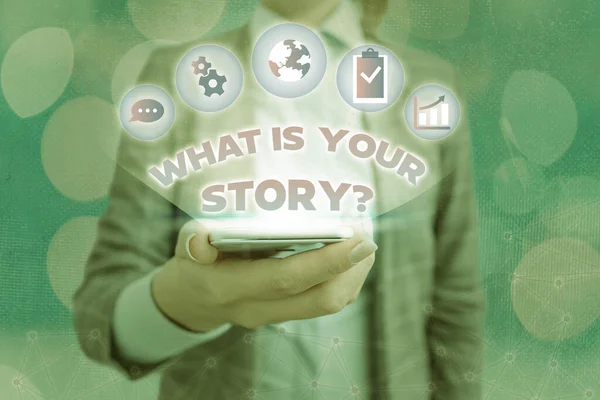 Tekstbord met wat jouw verhaalvraag is. Conceptuele foto met vragen over bedrijfsgeschiedenis en merk. — Stockfoto