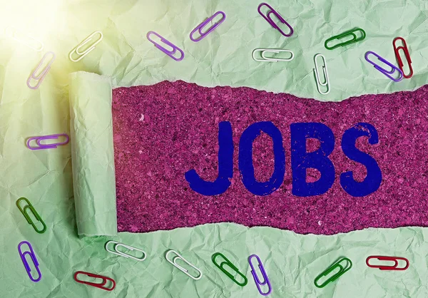 Signo de texto que muestra Jobs. Foto empleo conceptual un papel individual en la sociedad realizada a cambio de pago . — Foto de Stock