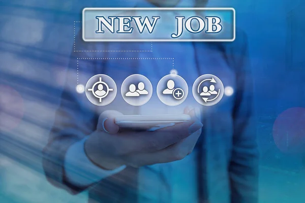 Znak tekstowy pokazujący New Job. Koncepcyjne zdjęcie rozpoczynające nową karierę z daną szansą lub zatrudnieniem. — Zdjęcie stockowe