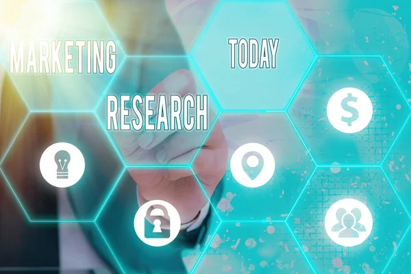 Escribiendo nota mostrando Marketing Research. Foto de negocios mostrando el proceso de recopilación e interpretación de información sobre las rejillas y diferentes iconos último concepto de tecnología digital . — Foto de Stock