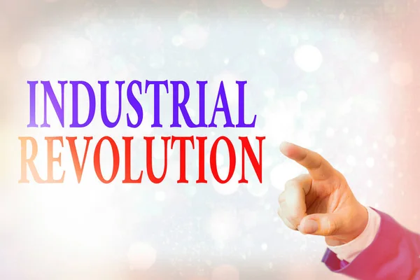 เขียนโน้ตแสดงการปฏิวัติอุตสาหกรรม รูปภาพธุรกิจแสดงการเปลี่ยนแปลงในสินค้าการผลิตและการขนส่ง . — ภาพถ่ายสต็อก