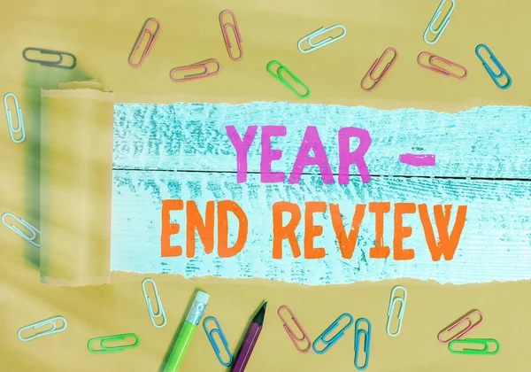 Text sign showing Year end Review. Conceptual photo annual assessment of achievement and goal development. — Stock Photo, Image