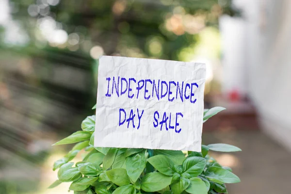 Conceptual hand writing showing Independence Day Sale. Business photo text Anniversary Bargain Celebration of Freedom of the Republic Plain paper attached to stick and placed in the grassy land.