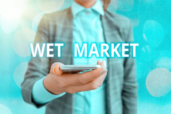 Konceptuell handstil som visar Wet Market. Företagsfoto visa upp marknaden säljer färskt kött fisk produkter och andra lättfördärvliga varor Touch screen digital märkning viktiga detaljer i verksamheten. — Stockfoto