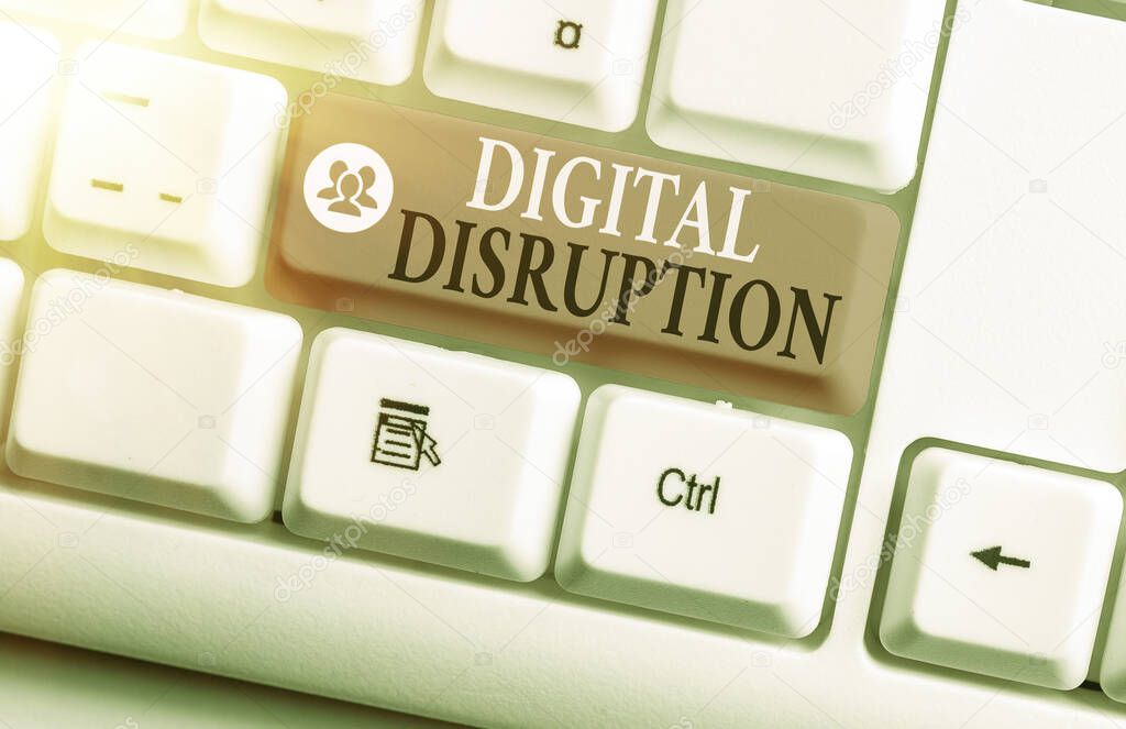 Conceptual hand writing showing Digital Disruption. Business photo showcasing occur when technologies affect value proposition of goods.