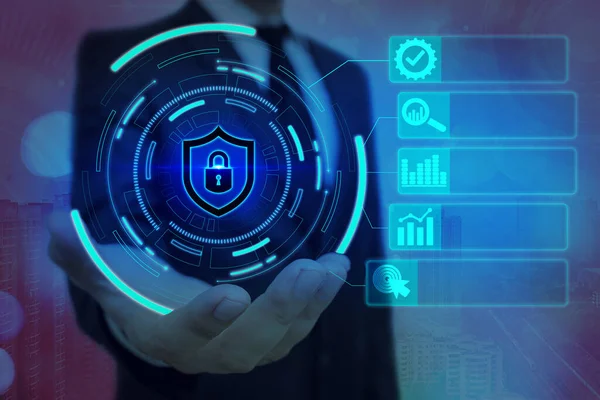 Grafika nejnovější digitální technologie Ochrana dat Padlock Security On The Virtual Display. Podnikatel se zámkem k zabezpečení. — Stock fotografie