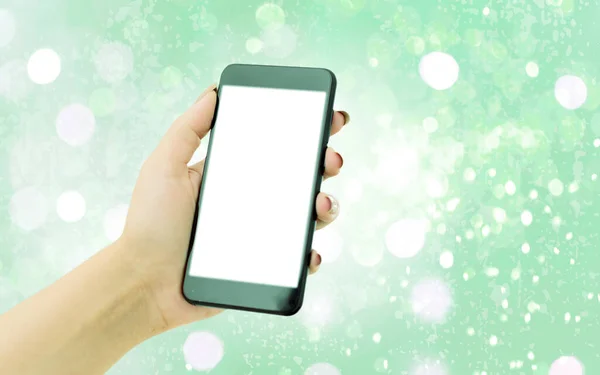 Närbild Visa av smartphones Bärbar dator enheter med vit öppen skärm Display Blank Space för mock-up under färgglada Bokeh bakgrund — Stockfoto