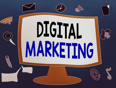 Dijital Pazarlamayı gösteren bir not yazıyorum. Elektronik aygıtlar kullanan ürün veya markaların tanıtımını gösteren iş fotoğrafı Web Uygulama Yazılım simgeleri.