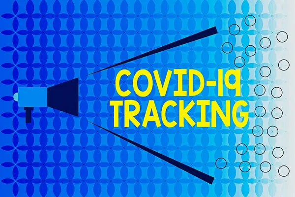 Szövegírás Covid 19 Tracking. Üzleti koncepció a lehetséges fertőzött egyének megkülönböztetésére Megafon kiterjesztése Hangosság és hangterjedelem tartomány a nyilvános bejelentéshez. — Stock Fotó