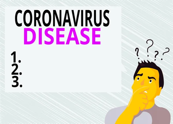 Texto de escritura de palabras Enfermedad por Coronavirus. Concepto de negocio para definido como enfermedad causada por un virus novedoso SARSCoV2 Hombre Expresión de la mano confundida en la boca Icono de la marca de interrogación Texto en blanco Burbuja . —  Fotos de Stock