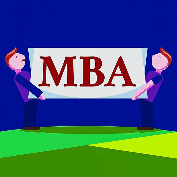 Mbaを示す概念的な手書き。ビジネスと経営におけるキャリアのスキルを開発するために設計されたビジネス写真2人の男性が両側に長方形のブランクパネルボードを運ぶ. — ストック写真