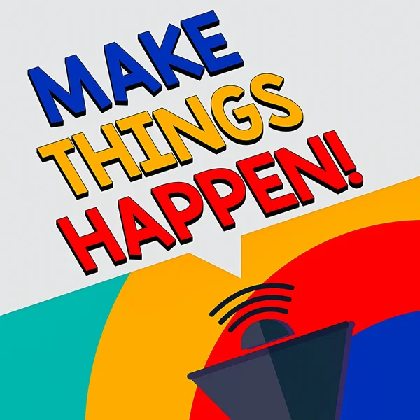 Textzeichen mit Make Things Happening. Konzeptionelle Foto-Inspiration und Motivation mehr Anstrengungen zum Erfolg Megaphone Halftone mit Sound-Symbol und Blank Geometric Speech Bubble. — Stockfoto