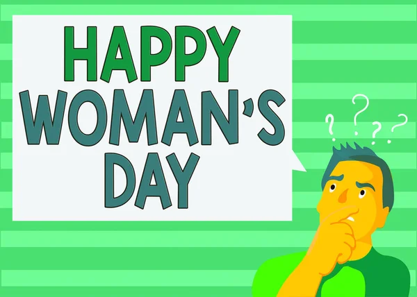 写便条，表示"快乐的女人" 。为纪念世界上每一位女士的精髓而展示的商业照片男人手拉手问号图标文字泡泡. — 图库照片