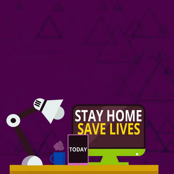 Εγγραφή σημείωμα που δείχνει Stay Home Save Lives. Επαγγελματική φωτογραφία που δείχνει μείωση του αριθμού των ασθενών που έχουν μολυνθεί από τη μη αφήνοντας τη ρύθμιση σπίτι για νυχτερινή βάρδια Εργαζόμενος υπολογιστής, Tablet και λάμπα. — Φωτογραφία Αρχείου