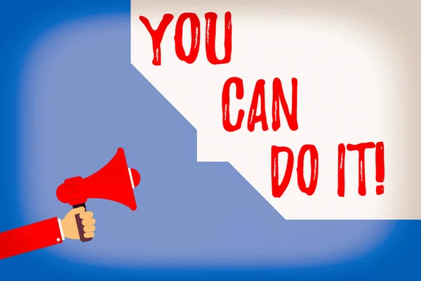 Teks menulis kata You Can Do It. Konsep bisnis untuk dapat menangani tugas-tugas yang diberikan meskipun ada tantangan atau masalah Hu analysis Hand Holding Megaphone dan Blank Geometric shape Half Speech Bubble. — Stok Foto