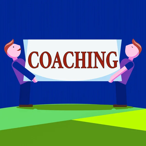 Scrittura concettuale a mano che mostra Coaching. Business photo vetrina sbloccare un potenziale individui per massimizzare le proprie prestazioni Due uomini che trasportano rettangolare pannello bianco bordo su entrambi i lati. — Foto Stock