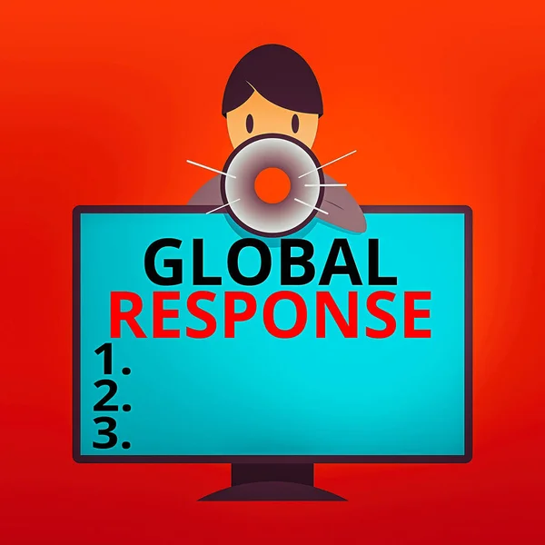 A Global Response-t bemutató feljegyzés. Üzleti fotó kirakat jelzi a viselkedését anyag távol ütközési pont Man mögött szerelt PC Monitor Beszél és Holding Megafon. — Stock Fotó