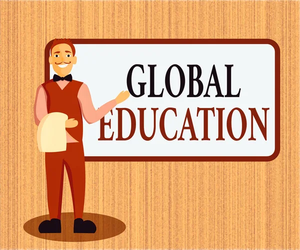 Текст для написания слов Global Education. Бизнес-концепция для междисциплинарного подхода к обучению концепции, необходимые Мужской официант улыбается стоя в униформе ручной представления пустой панели меню . — стоковое фото