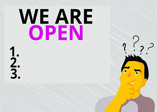 Texto de escritura de palabras Estamos abiertos. Concepto de negocio para ninguna barrera de encierro o confinamiento, accesible por todos los lados Hombre Expresando Confundido Mano en la Boca Icono del signo de interrogación Texto en blanco Burbuja . — Foto de Stock