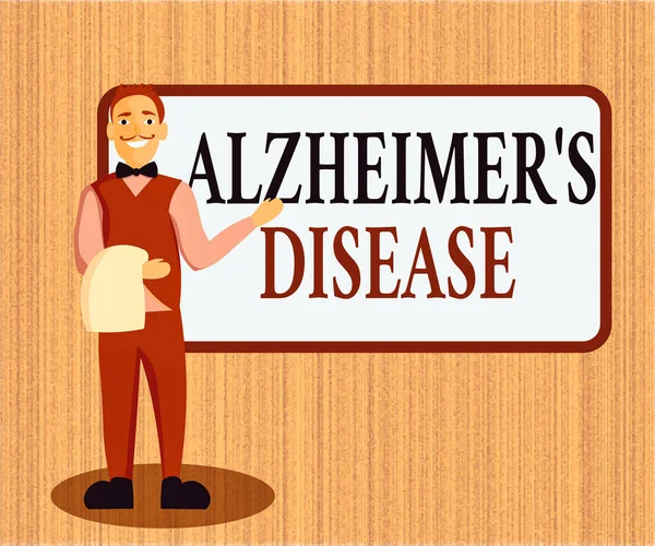 Słowo pisanie tekstu Choroba Alzheimera. Koncepcja biznesowa dla nieodwracalnych zaburzeń mózgu, które powoli niszczy pamięć Mężczyzna Kelner Uśmiechnięty Stojący w Jednorodnej Ręce Prezentując puste Menu Board. — Zdjęcie stockowe