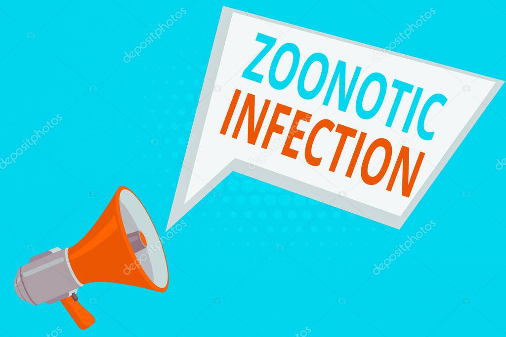 Handwriting text Zoonotic Infection. Concept meaning communicable disease transmitted by a non viral agent Megaphone Loudspeaker and Blank Geometric shape Halftone Speech Bubble.