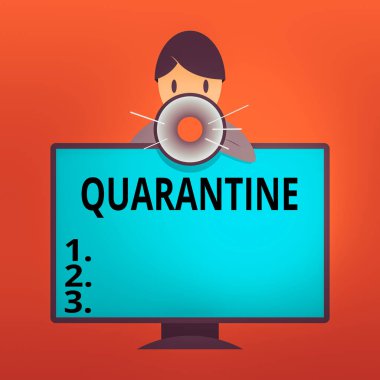 Karantina 'yı gösteren bir not yazıyorum. İş fotoğraflarında bir kişinin faaliyetlerine ya da Monitörlü PC Monitörünün Arkasındaki Adam 'ın Konuşması ve Megafonu Tutması üzerine kısıtlamalar gösteriliyor.