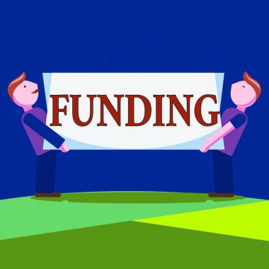 Fonu gösteren kavramsal el yazısı. İki Tarafta Dikdörtgen Boş Paneli Taşıyan İki Adam 'ın ihtiyaç, program veya projesini finanse etmek için kaynak sağlama eylemi.