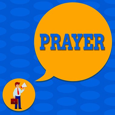 Kelime yazma duası. Necktie 'deki Tanrı' ya teşekkür eden, evrak çantası taşıyan, boş bir konuşma balonu taşıyan adama resmi yardım ya da ifade isteği konsepti.