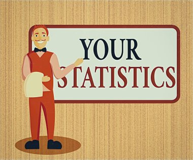 Kelime yazma metni İstatistiklerin. Kalite güvencesi için iş konsepti: Mali analiz, üretim, operasyon Erkek Garson Gülümseyen Tekdüze El Sunar Boş Menü Kurulu.