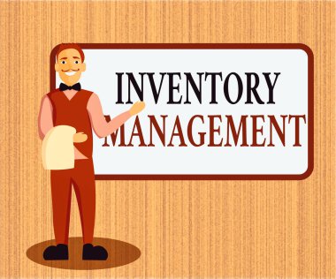 Kelime yazma Envanter Yönetimi. Sermayesiz varlıkların ve stok eşyalarının denetimi için iş konsepti Üniformalı El Gülümseyen Erkek Garson Boş Menü Kurulu Sunar.